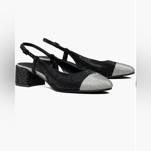 Tory Burch Black and Silver Block Heel Slingbacks